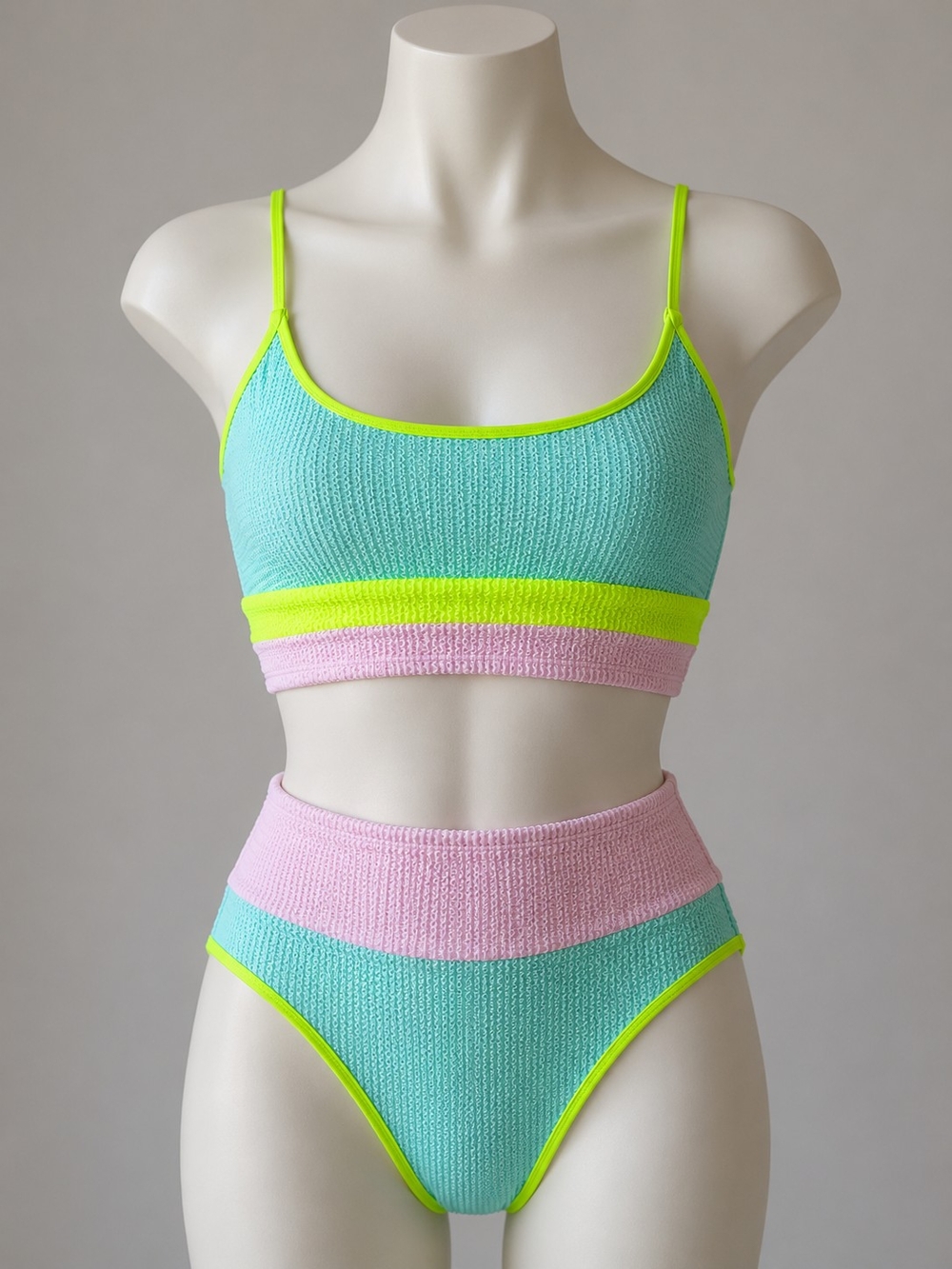 Pastel Neon Textured High-Waisted Bikini Set